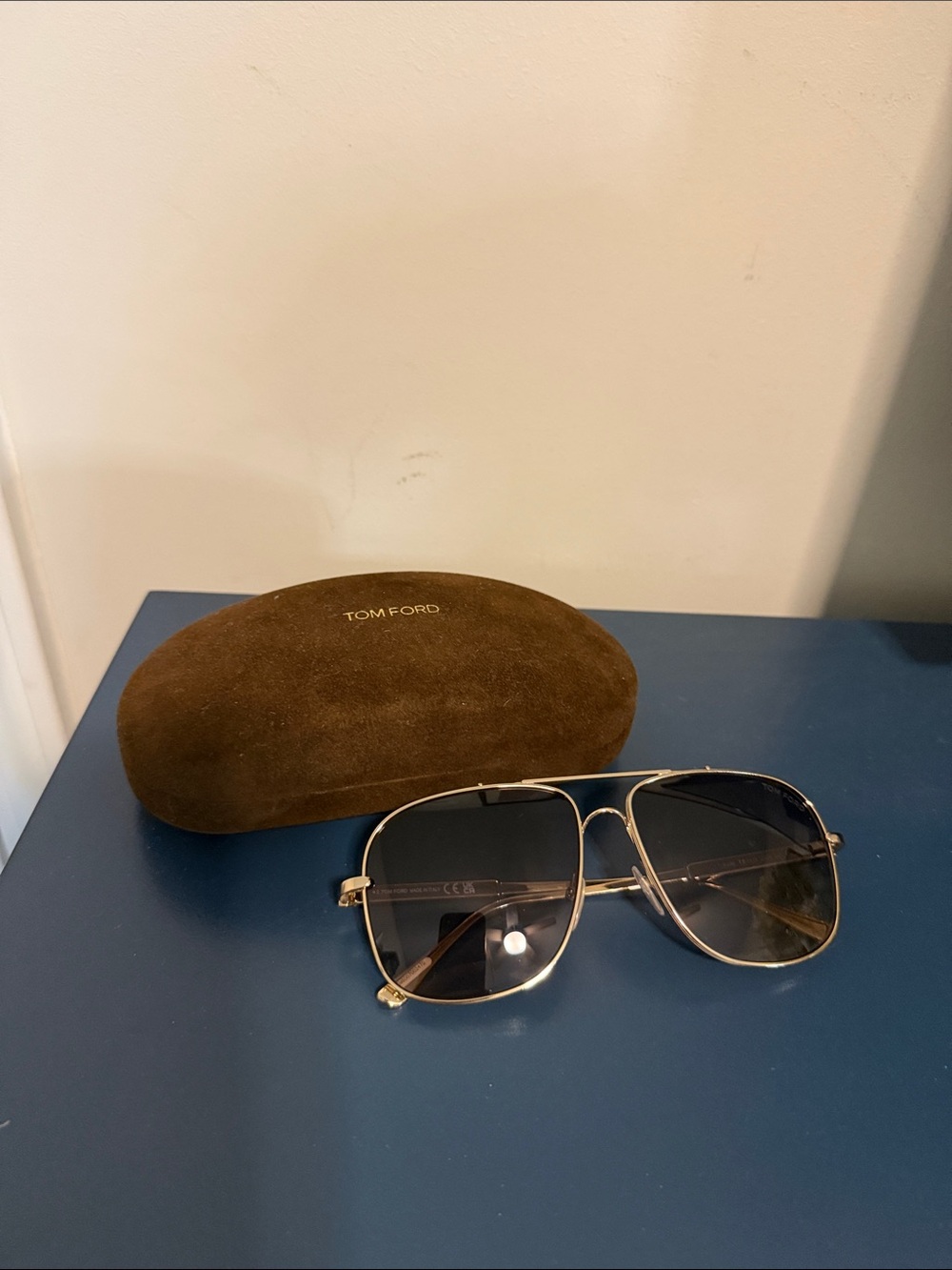 Tom Ford Gold Frame Sunglasses with Dark Lenses and Brown Case